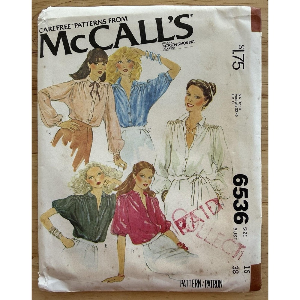 McCall's Pattern 6536 Misses' Set‎ Of Blouses Size 16 Bust 38 Uncut FF
